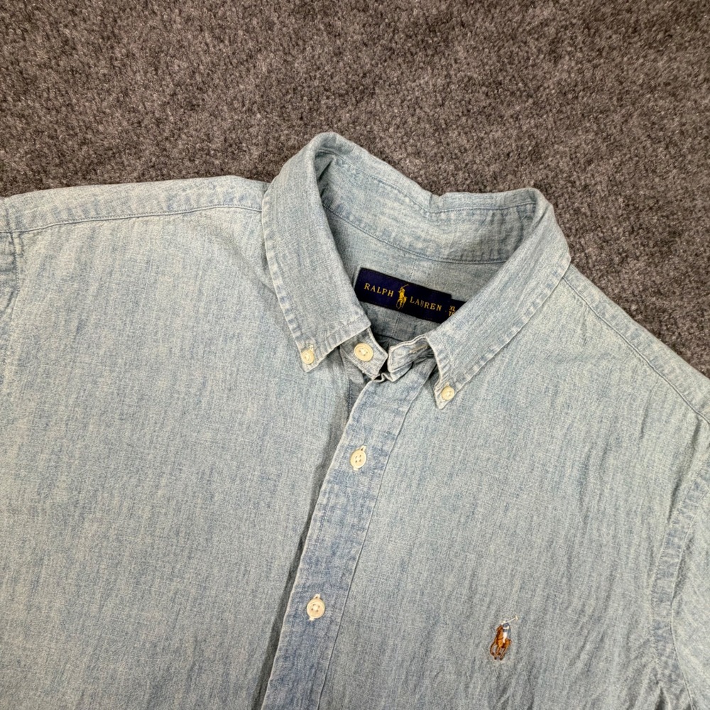 Ralph Lauren Chambray Short Sleeve Button Down Shirt Mens XL Blue 1011